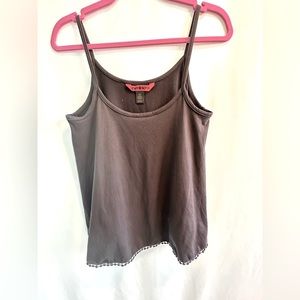 Hot Kiss Charcoal Spaghetti Strap Tank Top with Pom Pom Fringe Detail-Size Small